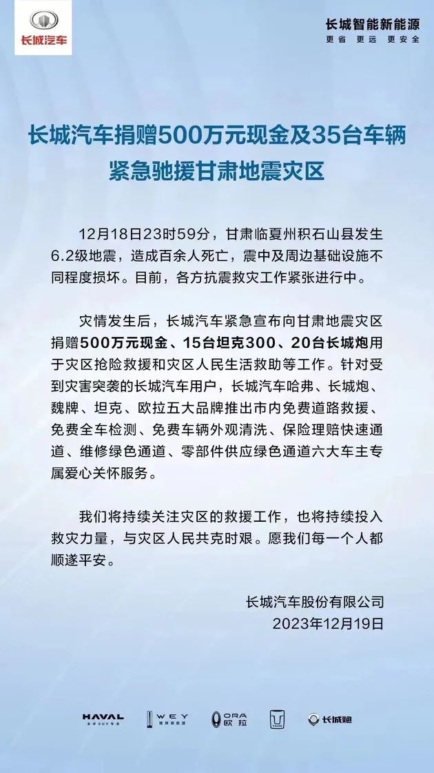 长城汽车向甘肃地震灾区捐赠500万元现金及35台车辆