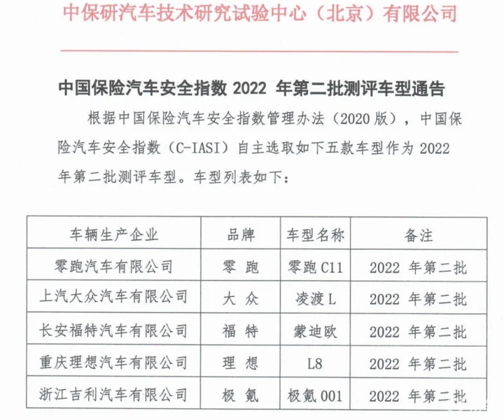 中保研公布第二批测试车型，大众/理想/极氪应战