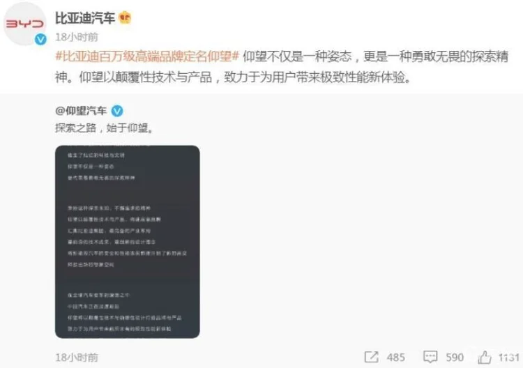 有点意思，比亚迪高端品牌命名“仰望”你觉得怎么样？