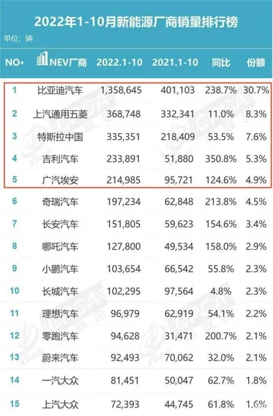 比亚迪第一，特斯拉第三，销量前5车企的畅销新能源车有哪些