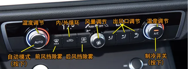 奥迪A3空调按钮图解，A3空调除雾和暖风开启方法